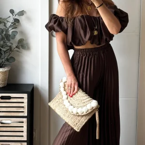 Ensemble top et pantalon plissé marron chocolat